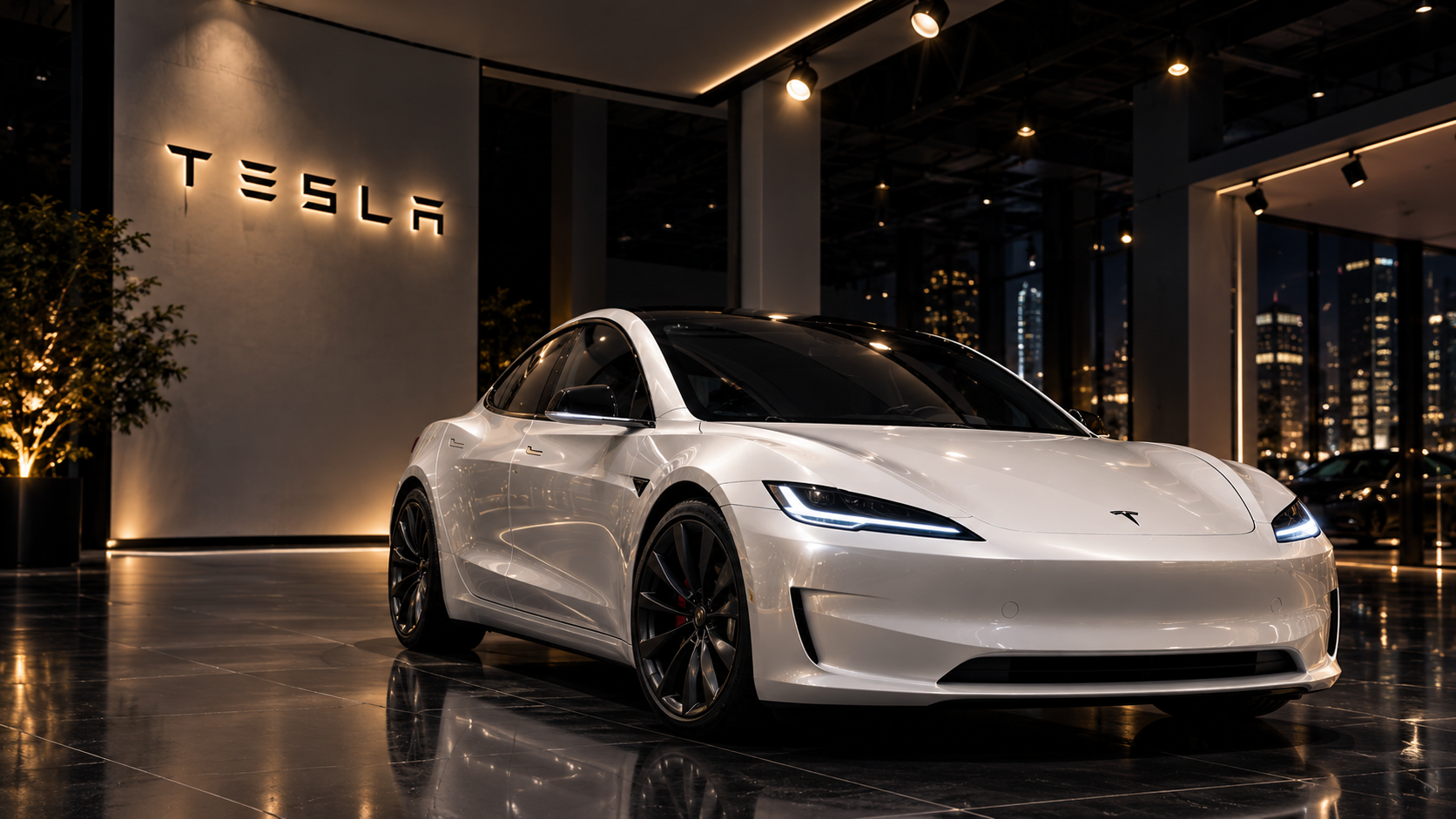 White Tesla in premium showroom